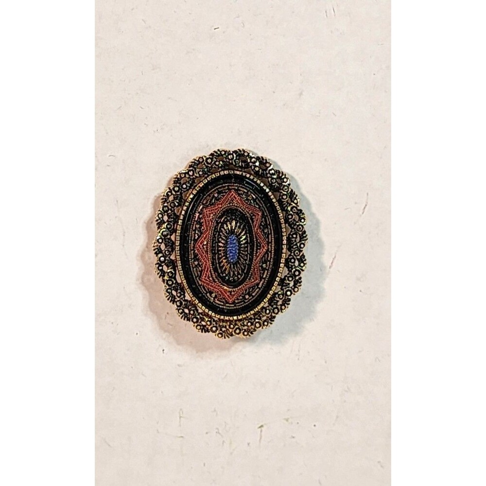 Sarah Coventry Brooch/ OR Pendant Gold Tone Red Black Enamel Oval Detailed Vtg